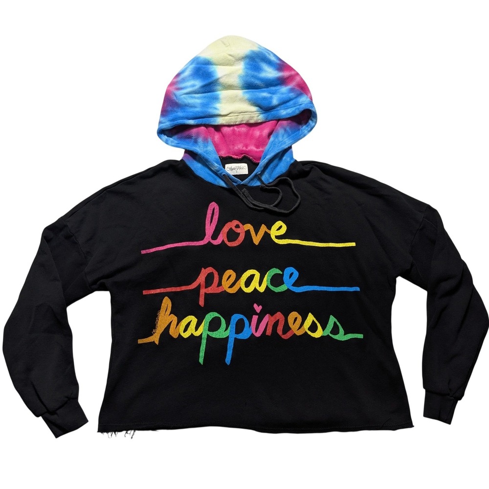 Lauren Moshi Love Peace Happiness Black Cropped Hoodie Tie Dye‎ Hood Small
